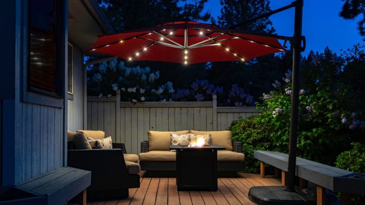 A garden umbrella with lights.