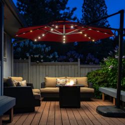 A garden umbrella with lights.