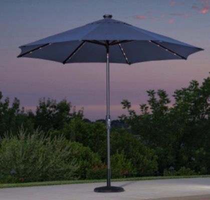 SunVilla Costco umbrella recall: 10-foot Solar LED Market Umbrella with a round back solar puck at the top of the umbrella