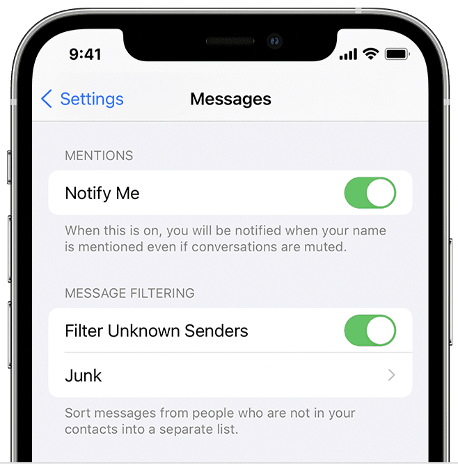 Message filter settings