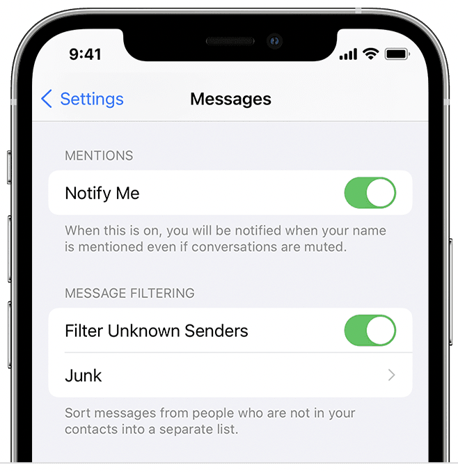 iOS settings page with spam blocking options