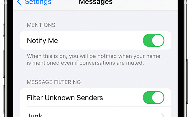 iOS settings page with spam blocking options